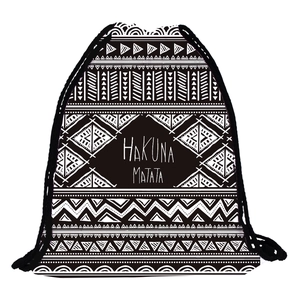 Ethnic style black and white drawstring backpack with Hakuna Matata digital print pattern