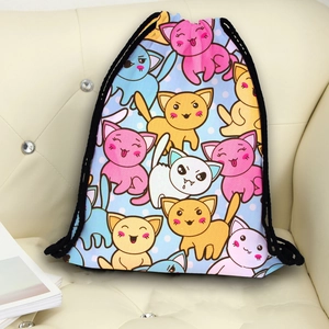 Portable drawstring backpack with cute colorful cartoon cat digital print pattern