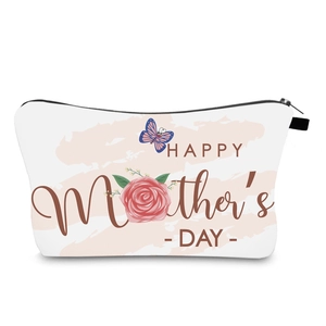 Detail of Happy Mother's Day makeup bag featuring floral prints and black zipper closure