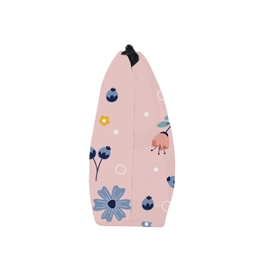 Pink floral waterproof toiletry makeup bag with blue botanical print and black zipper