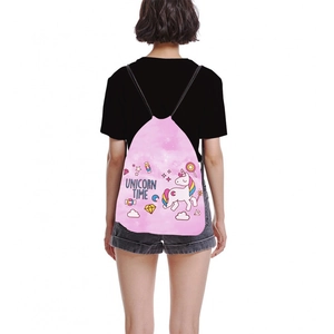 Pink drawstring backpack with unicorn time print and colorful cartoon graphics for women