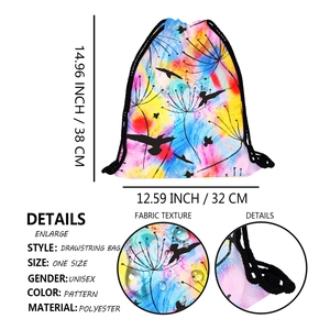 Sac à dos à cordon en polyester imprimé de pissenlits pour voyage en plein air 38x32cm