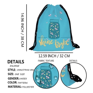 Sky blue polyester drawstring backpack with firefly pattern and shine bright lettering