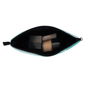 Waterproof floral travel toiletry bag in teal with black zipper and inner lining