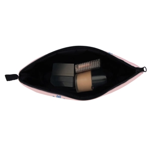Waterproof pink travel cosmetic bag with black lining and durable zipper closure