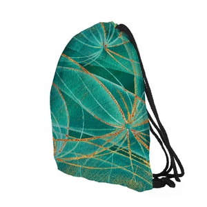 Detailed macro view of the heavy canvas texture and golden abstract print on drawstring bag