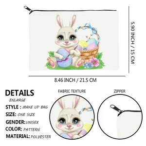 Easter rabbit print square makeup bag made of white polyester with detailed dimensions