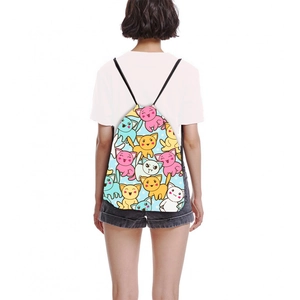 Lightweight drawstring backpack with cute colorful cat patterns for women's outdoor use