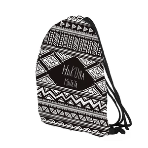 Detailed view of Hakuna Matata drawstring bag with tribal patterns and cotton ropes