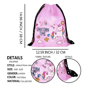 Pink polyester unicorn drawstring bag with rainbow digital print for travel 38x32cm