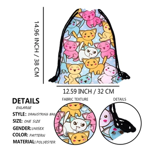 Polyester drawstring backpack with colorful cat digital prints and dual straps for outdoor use