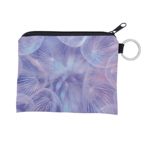 Close-up of waterproof fabric coin purse with dandelion print and metal keychain