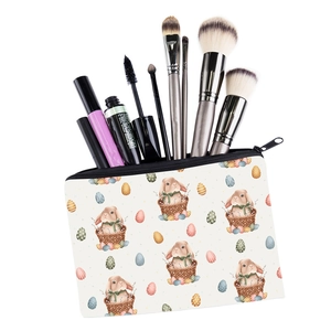 Detailed capacity view of Easter rabbit print makeup bag with cosmetics inside