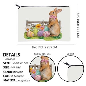 Square polyester makeup bag with Easter bunny print, floral patterns and zipper closure