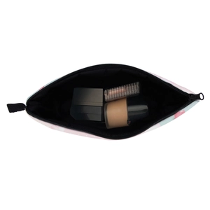 Waterproof portable travel cosmetic bag with pink heart pattern and zipper closure