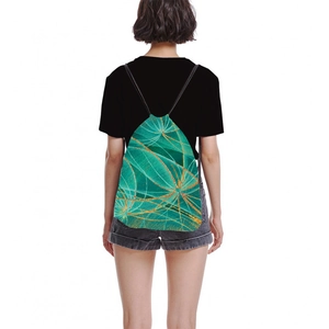 Teal drawstring backpack with golden dandelion print shown on model back view