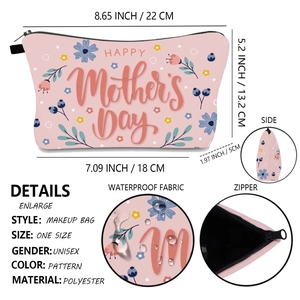 Pink Mother's Day makeup bag in waterproof polyester with detailed dimensions info