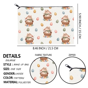 Portable rabbit print polyester makeup bag with zipper, 21.5x15cm travel storage pouch