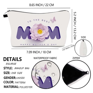 Détails de la trousse de maquillage fête des mères avec dimensions et tissu imperméable