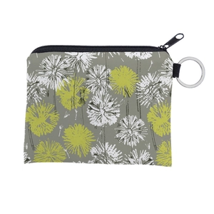Detailed close-up of water-resistant dandelion print coin purse with metal keyring