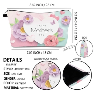 Detail view of waterproof polyester makeup bag showing dimensions and Mother's Day floral print