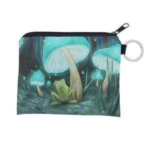Close-up of waterproof canvas coin purse with frog and blue mushroom art print