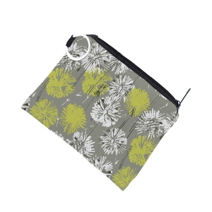 Waterproof grey coin purse with dandelion floral print and metal key ring attachment