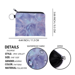 Detail view showing the 11.3x9.3cm dimensions and waterproof polyester dandelion wallet