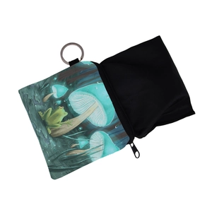 Waterproof mushroom and frog print coin purse with metal ring and zipper closure