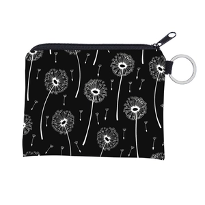 Detail of waterproof canvas coin purse with dandelion print and metal key ring attachment