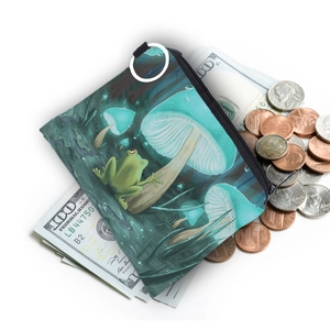 Waterproof mini coin purse featuring colorful mushroom and frog illustration with key ring