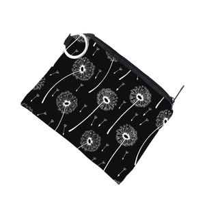 Waterproof dandelion print coin purse with a black zipper and silver keyring