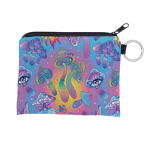 Detailed close-up of mushroom print coin purse with waterproof fabric and zipper