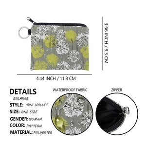 Detail view of dandelion print coin purse showing dimensions 11.3cm x 9.3cm and key ring