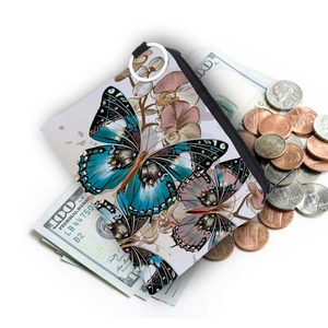 Waterproof butterfly floral coin purse with zipper, shown with cash and coins on white background