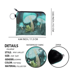 Waterproof polyester coin purse detail showing 11.3cm x 9.3cm size and mushroom print