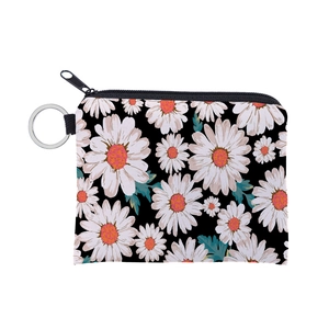 Daisy Floral Print Coin Purse Portable Polyester Mini Wallet With Metal Keychain Zipper Pouch For Women Daily Travel Bag