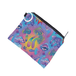 Waterproof mushroom print coin purse with vibrant psychedelic patterns and key ring