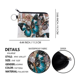 Waterproof polyester mini wallet with butterfly print, zipper closure and dimensions shown