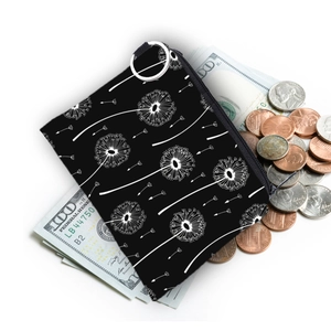 Waterproof portable coin purse with dandelion print and metal ring on white background