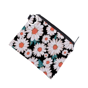 Waterproof daisy floral coin purse with zipper and metal keychain for women and girls