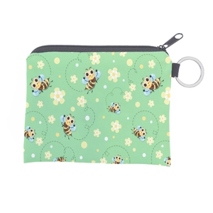 Close-up of waterproof bee print coin purse with metal zipper and silver key ring