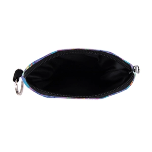 Water-resistant mushroom print coin purse with metal keychain and black fabric lining