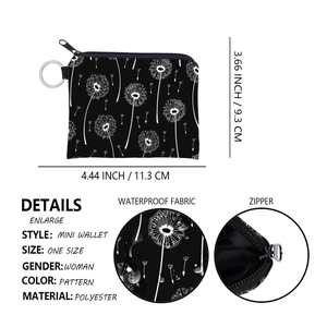Detailed size chart and waterproof fabric close-up of dandelion print coin purse