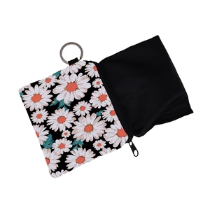 Waterproof mini coin purse with white daisy floral print on black canvas and keychain