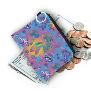 Waterproof mushroom print coin purse with psychedelic art and metal keychain ring