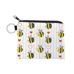Cute Cartoon Bee Heart Print Polyester Coin Purse Waterproof Portable Mini Storage Bag With Key Ring For Women