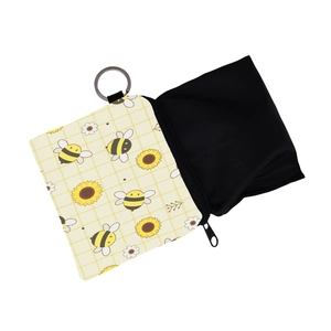Cute bee and sunflower print coin purse with yellow checkered pattern and keychain hook