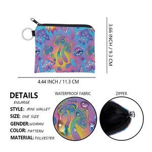 Detailed view of mushroom print coin purse made of waterproof polyester fabric with key ring