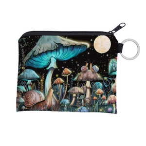 Detail of mushroom print coin purse with zipper closure and metallic keychain hook